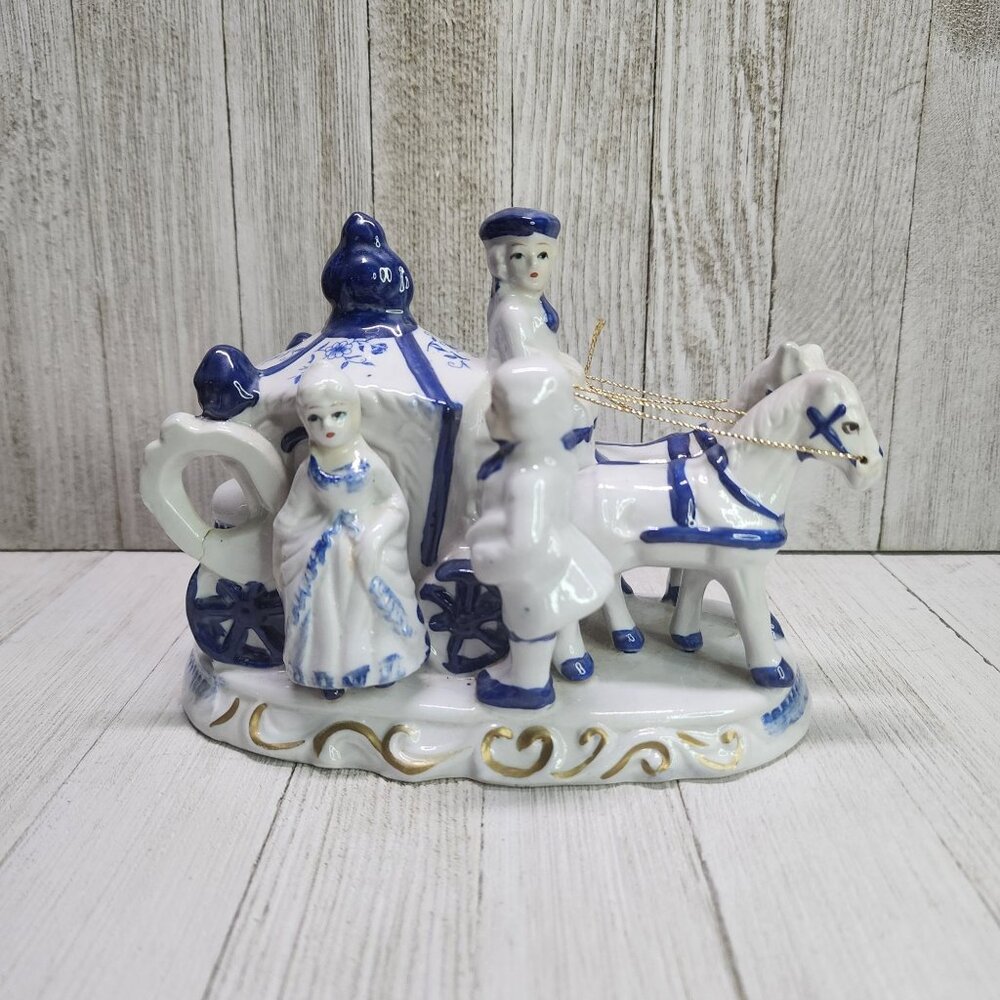 Vintage Horse Carriage Victorian Colonial Porcelain Figurine Cobalt Blue White